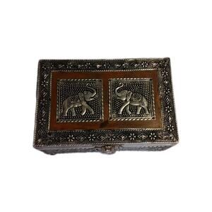 Indian Metal Box Elephants Flowers Jewelry / Trinket Box Boho Style Lined